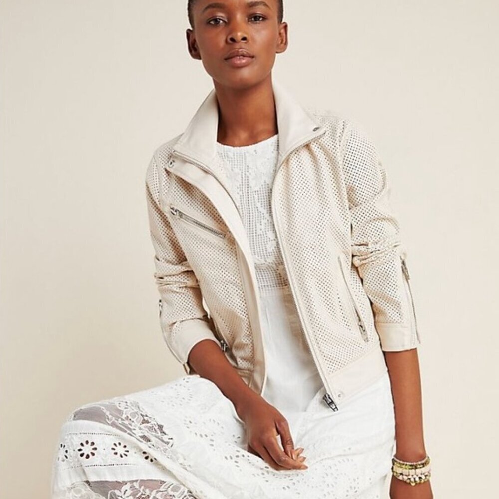 Blank NYC Imelda Vegan Leather Moto Jacket Womens XS Cream Perforated Anthro
